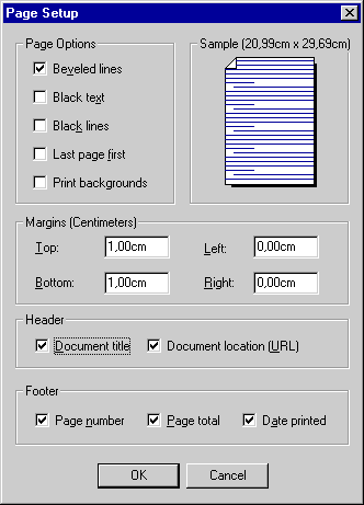 Okno Page setup u Netscape do verze 4.xx